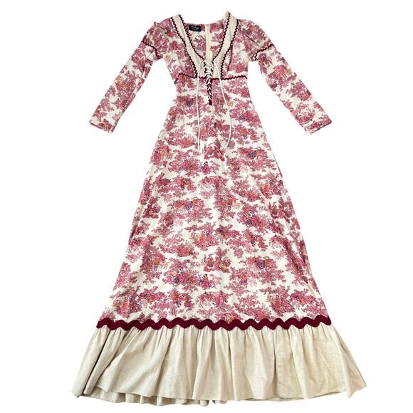 RARE Vintage 60's 70's Gunne Sax Black Label Pink Toile Prairie Maxi Dress (XS) - Picture 9 of 16